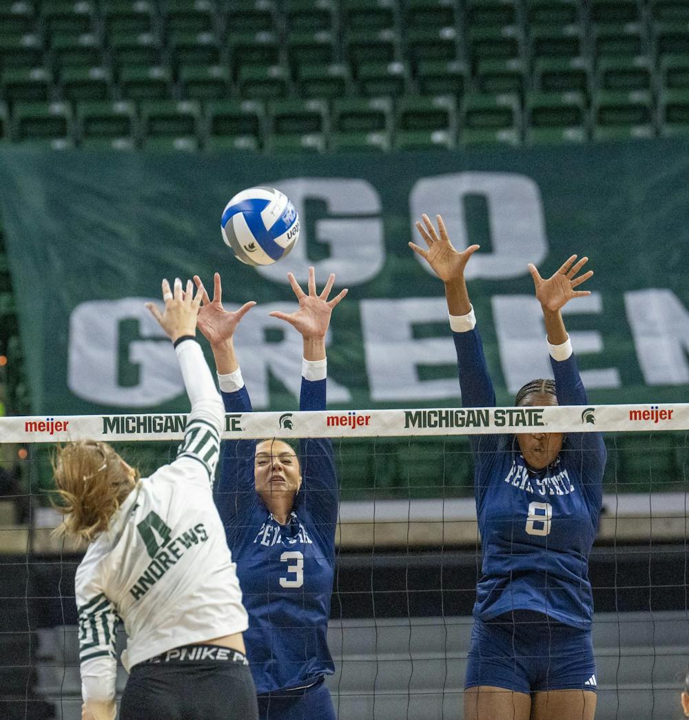 Penn state Freshman Danielle Whitemire and sophomore Gabrielle Nichols reaching for the block at Breslin Center during the MSU v Pennstate Volleyball game In East Lansing, MI on Sunday Sep. 27th, 2026