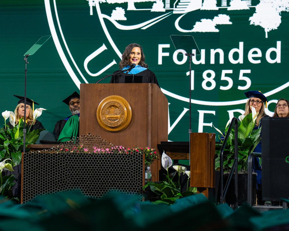 <p>Michigan Governor Gretchen Whitmer gives a speech to the graduating students of Michigan State University during a convocation in East Lansing, Mich., on May 1, 2026.</p>