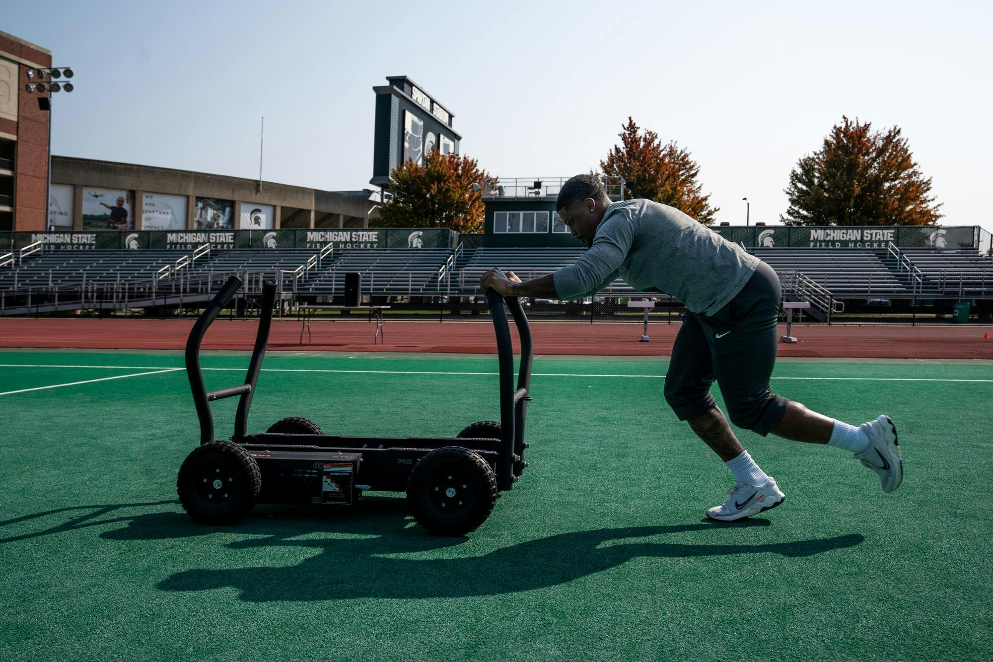 <p>A member of MSU's athletics department participates in a 9/11 tribute exercise at Ralph Young Field on Sept. 11, 2024. </p>