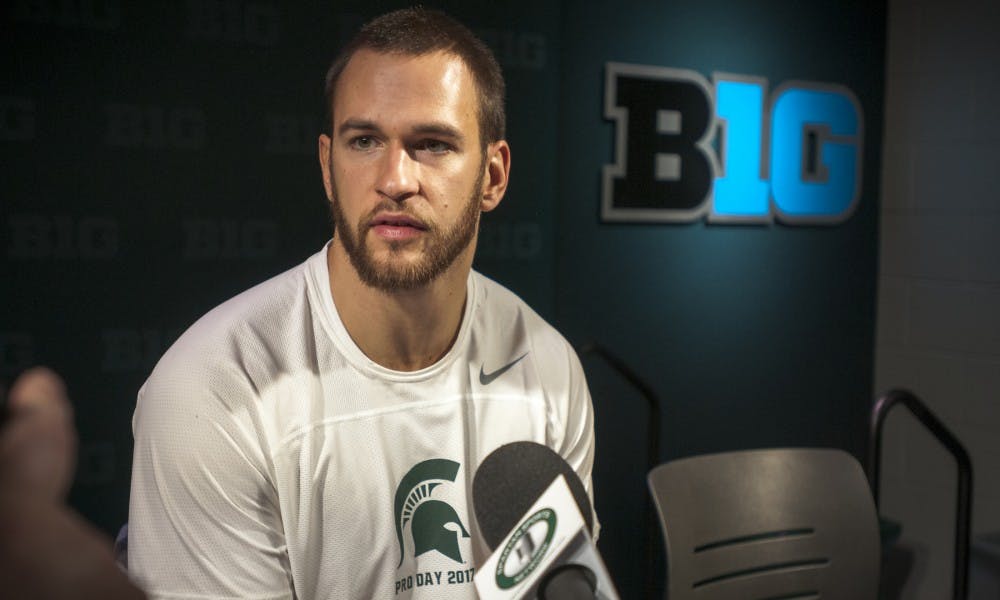 Former MSU tight end Josiah Price answers questions from the press after his Pro Day performance on March 22, 2017 at Spartan Stadium. Pro Day is an event where Spartans looking to play in the NFL have a chance to show off their skills.