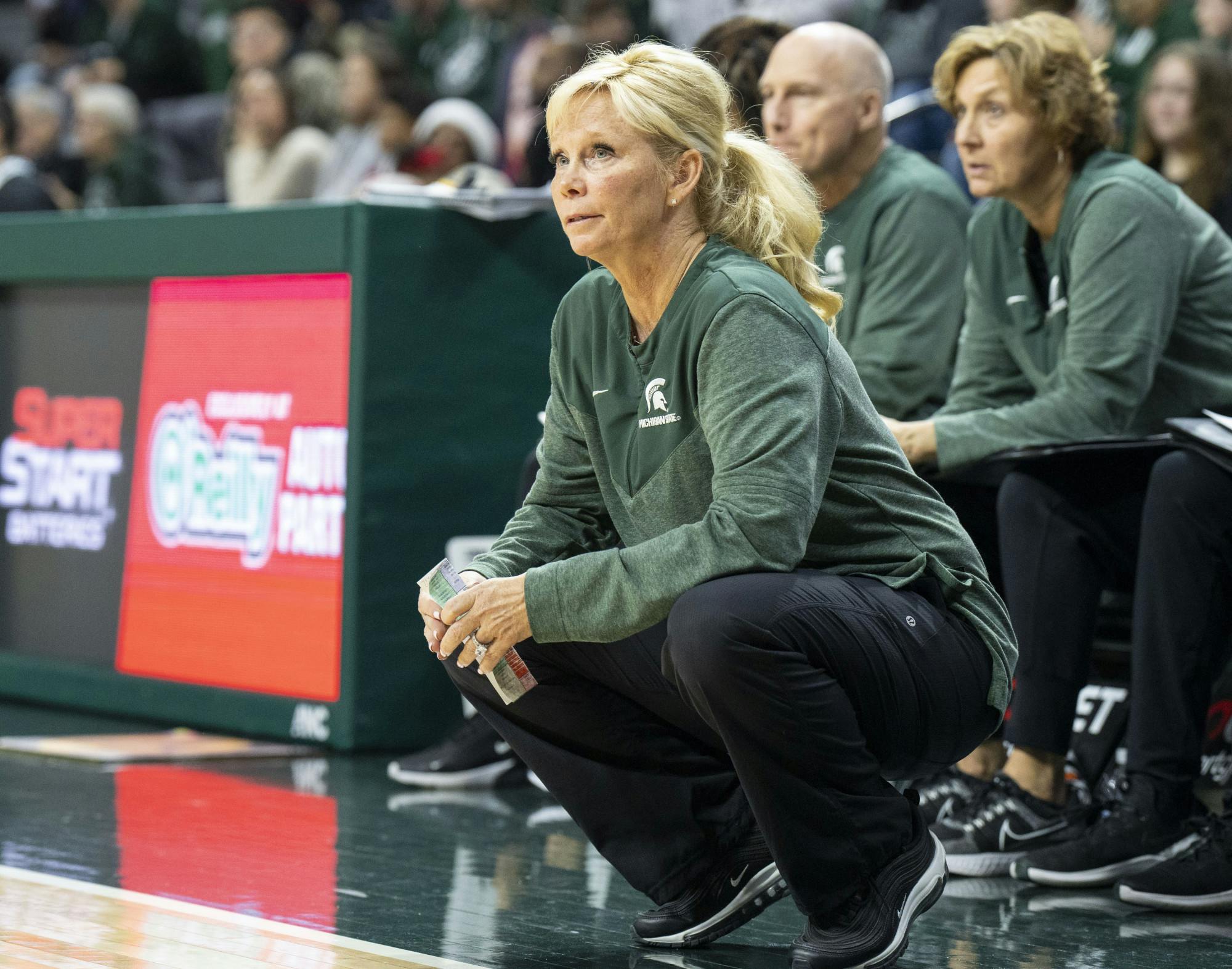<p>Head women's basketball coach Suzy Merchant during Michigan State’s game against Prairie View A&amp;M on Tuesday, Dec. 20, 2022 at the Breslin Center. The Spartans ultimately beat the Panthers, 98-50.</p>