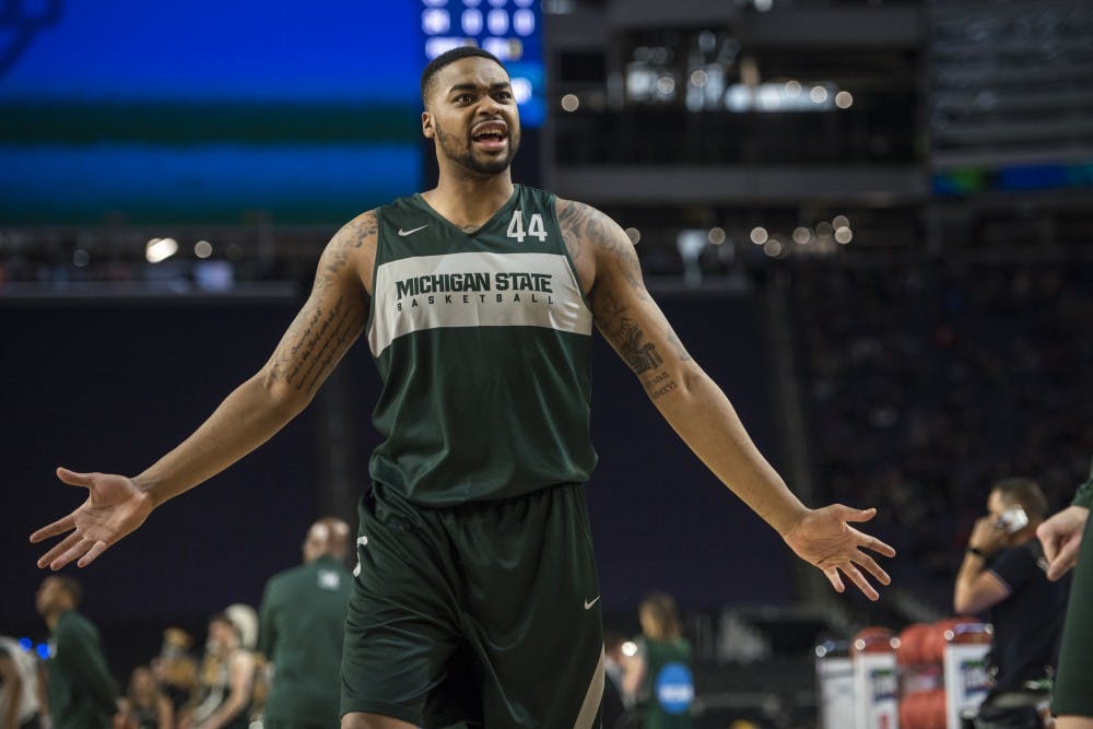 Junior forward Nick Ward (44) reacts during Michigan State's NCAA Men's Basketball Final Four open practice at U.S. Bank Stadium in Minneapolis on April 5, 2019. (Nic Antaya/The State News)