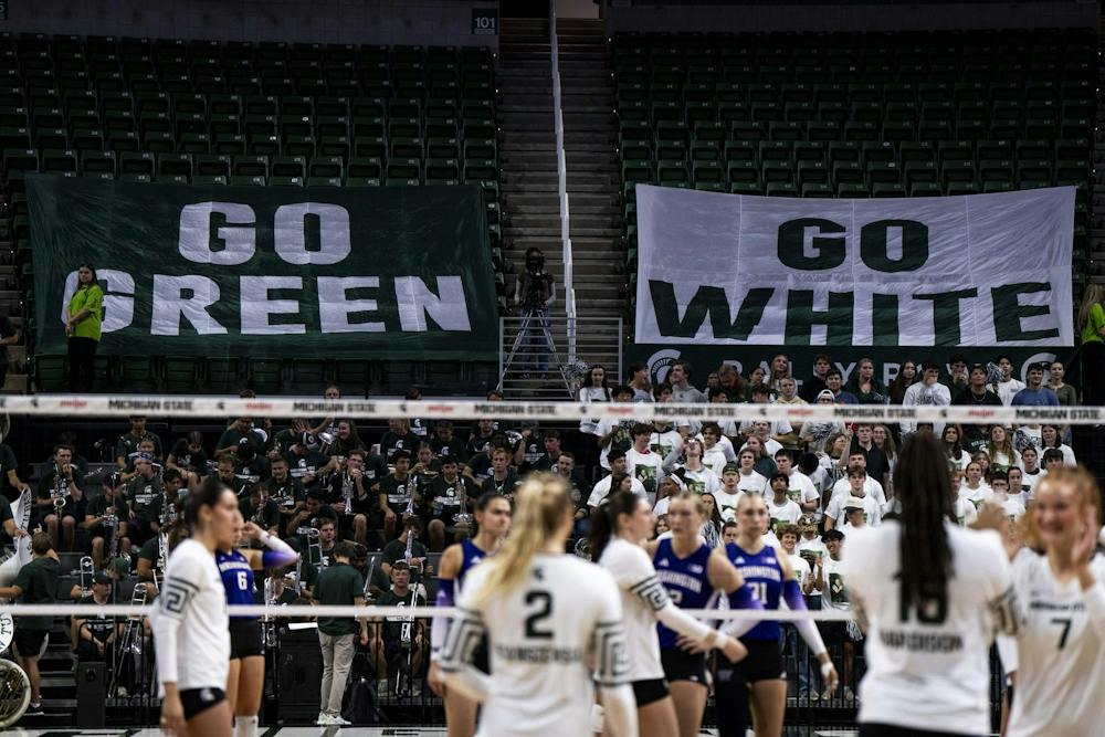 <p>Michigan State University and University of Washington volleyball teams prepare for their match at the Breslin Center in East Lansing, Mich., on Friday, Sept. 25, 2026.</p>