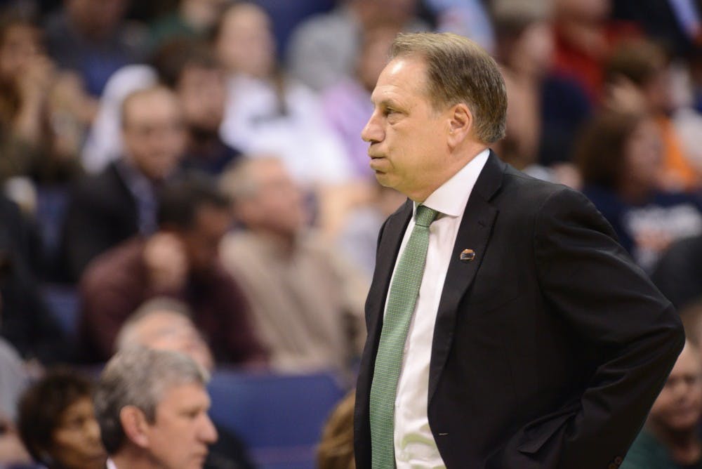 Head coach Tom Izzo reacts during the game against Middle Tennessee State University on March 18, 2016 at Scottrade Center in St. Louis, Mo. The Spartans were defeated by the Raiders, 90-81.