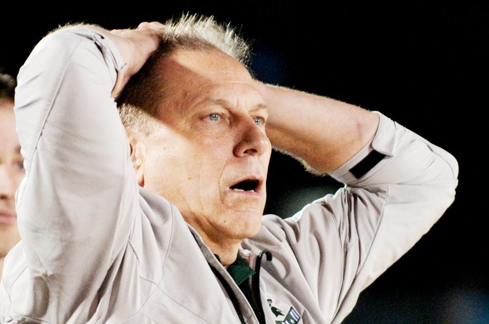 Head coach Tom Izzo reacts to a call made by the referees on Friday evening for the Quicken Loans Carrier Classic onboard the U.S.S. Carl Vinson at Naval Base Coronado in Coronado, CA. The Tar Heels defeated the Spartans, 67-55. Josh Radtke/The State News