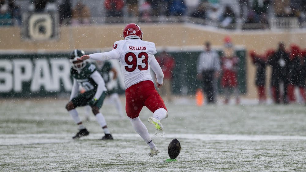 <p>Rutgers placekicker freshman Jack Scullion (93) kicks the ball after a touchdown at Spartan Stadium on Nov. 30, 2024.</p>