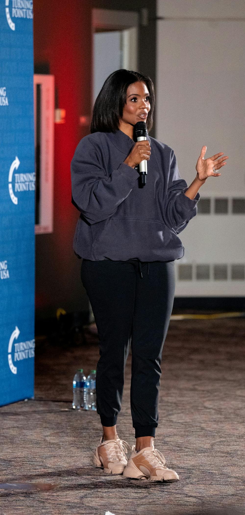 <p>﻿Candace Owens speaks out to her audience during the Turning Point tour, hosted at Broad College of Business on Oct. 13, 2022.</p>
