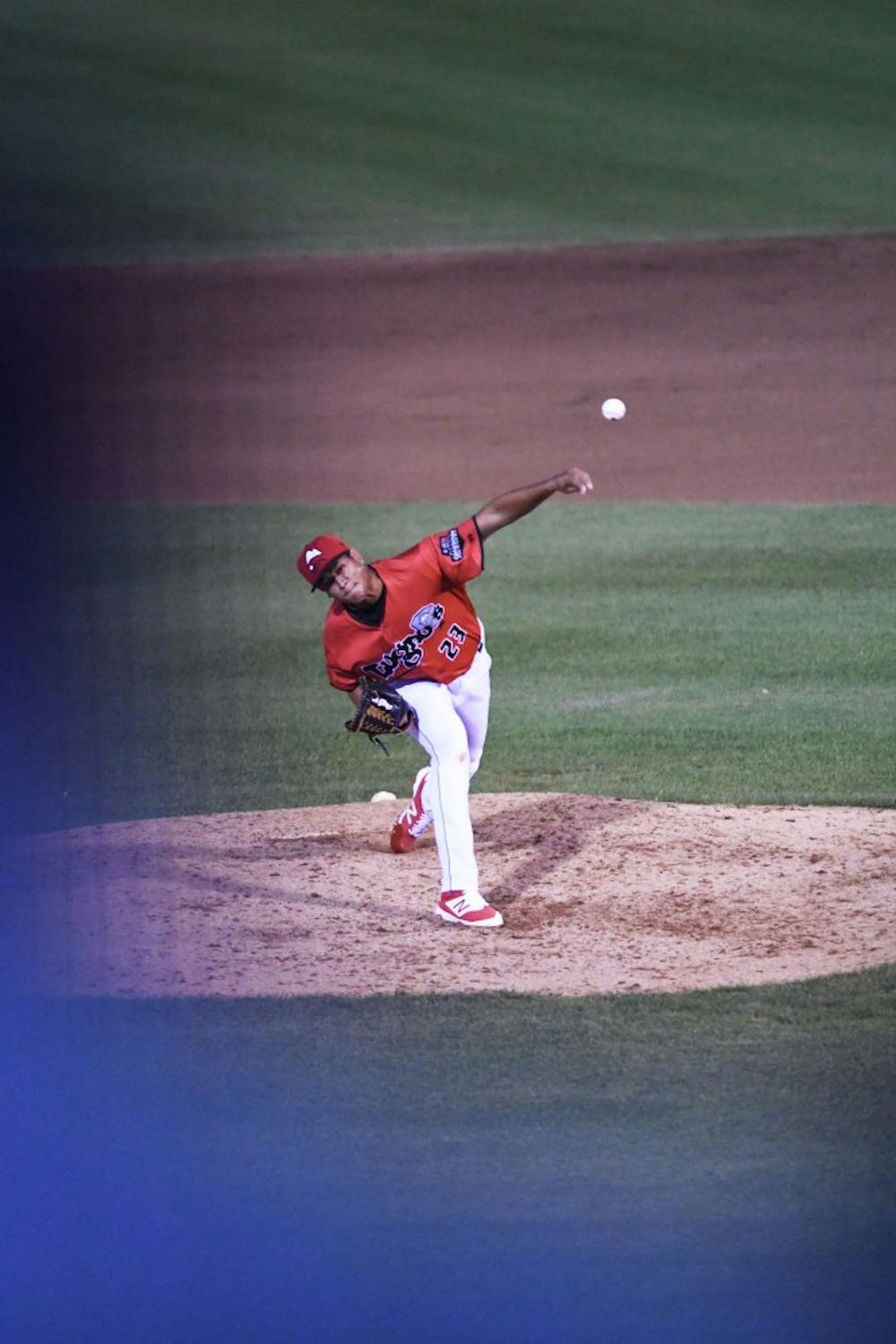 <p>Gabriel Moreno (23) pitches during the 13th annual Crosstown Showdown on Sept. 3, 2019 at Cooley Stadium in Lansing. The Lugnuts defeated the Spartans, 5-1. </p>