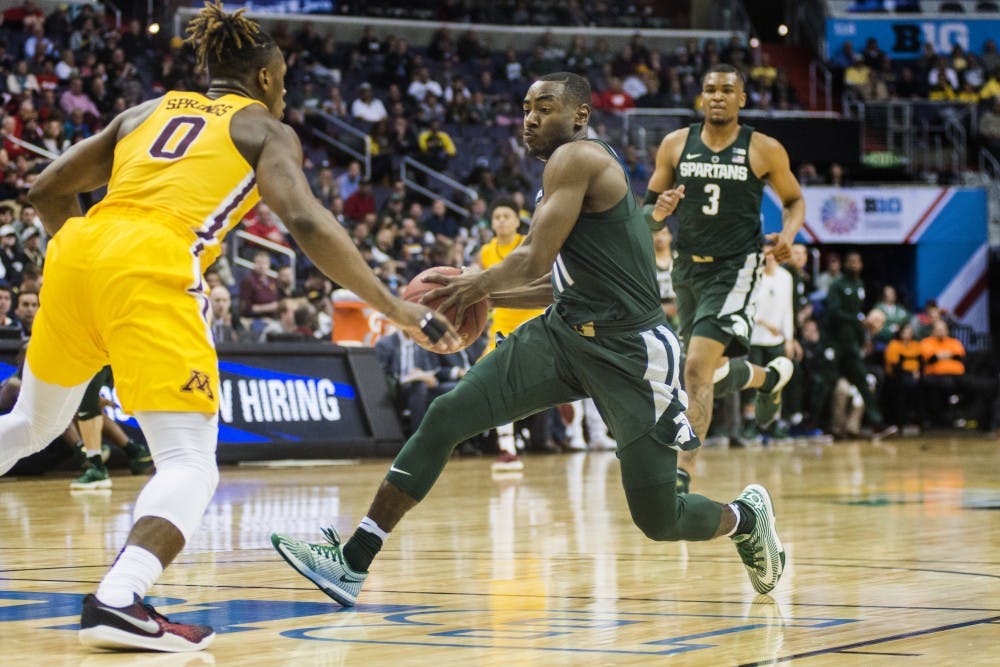 Junior guard Lourawls 'Tum Tum' Nairn Jr. (11) drives the ball to the net during the first half of the game against Minnesota in the third round of the Big Ten Tournament on March 10, 2017 at Verizon Center in Washington D.C. The Golden Gophers were up at half time, 28-26.