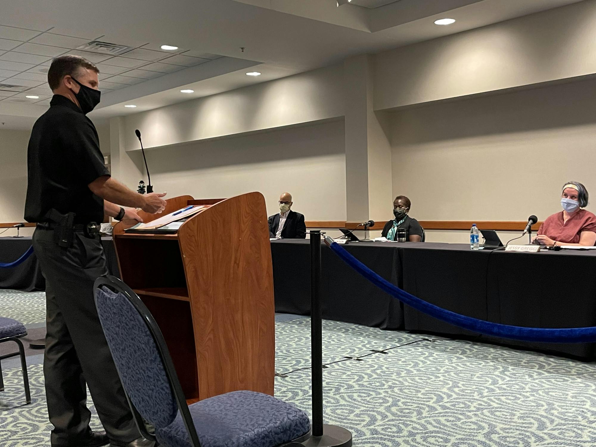 <p>Ingham County Sheriff Scott Wriggelsworth addresses the East Lansing City Council Sept. 14 regarding Ingham County Prosecutor Carol Siemon&#x27;s new felony firearm policy. </p>