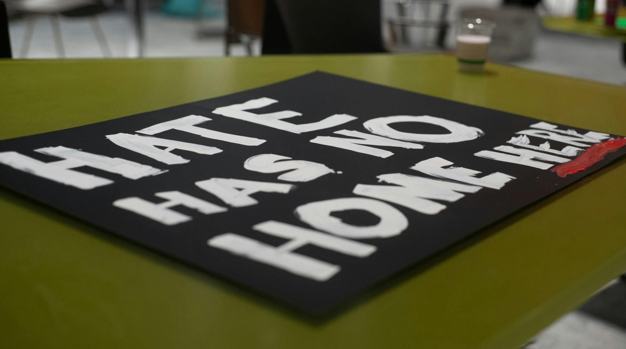 <p>A finished sign lie on the table during BSA&#x27;s impromptu sign making on Feb. 20, 2020. </p>