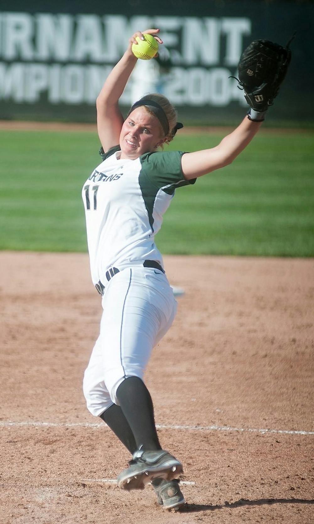	<p>Freshman pitcher Dani Goranson pitches the ball to an Eastern Michigan batter Wednesday, May 1, 2013, at Secchia Stadium of Old College Field. <span class="caps">MSU</span> beat Eastern Michigan 3-0 after three runs in the second inning. Danyelle Morrow/The State News</p>
