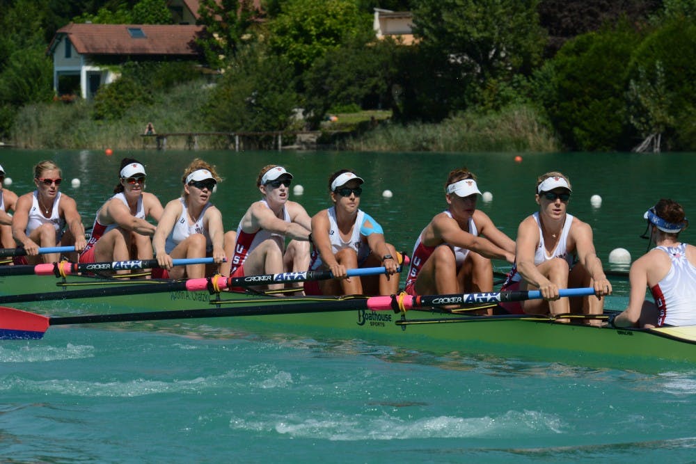 <p>Emily Regan, fifth from right, helped the U.S. Rowing women's eight crew capture its tenth straight gold medal at the 2015 World Rowing Championships in Aiguebelette, France. USRowing/Allison Frederick</p>