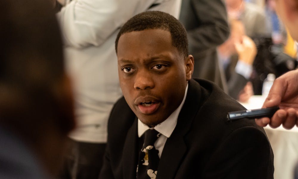 Cassius Winston answers a question during Big Ten basketball media day in Chicago on October 2, 2019. 