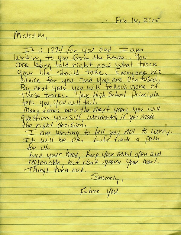 <p>Letter written by Malcolm Magee to his past self</p>