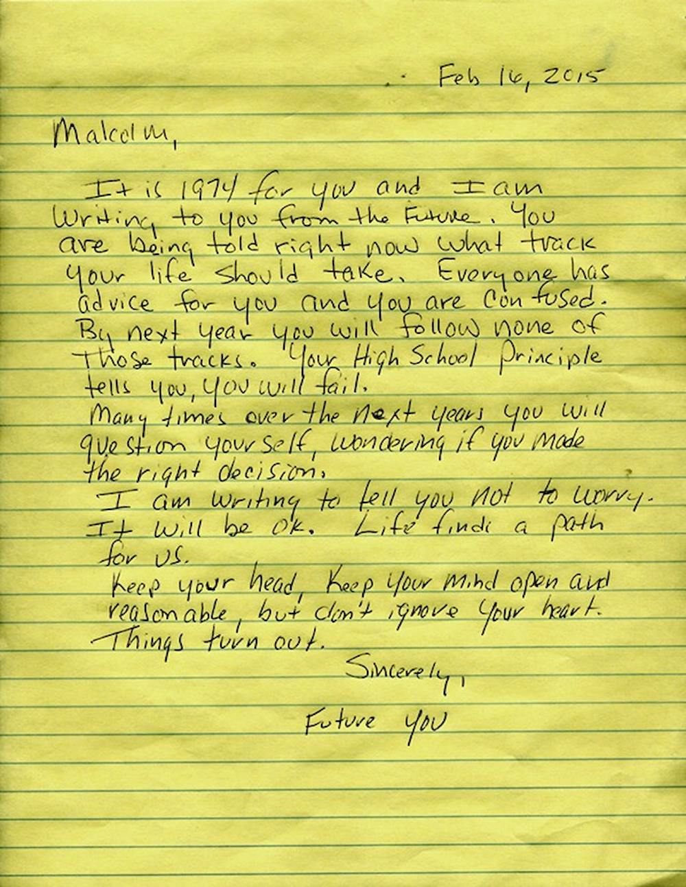 <p>Letter written by Malcolm Magee to his past self</p>