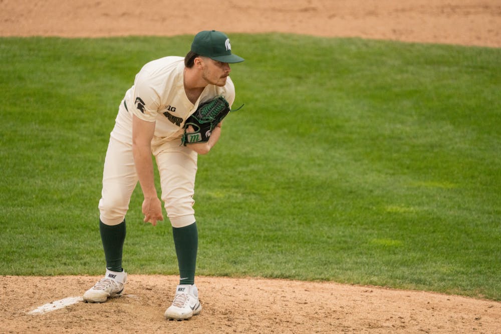 <p>Graduate student pitcher Kyle Bischoff (35) lines up for a pitch. MSU beat the University of Minnesota 2-1 on April 30, 2022.</p>