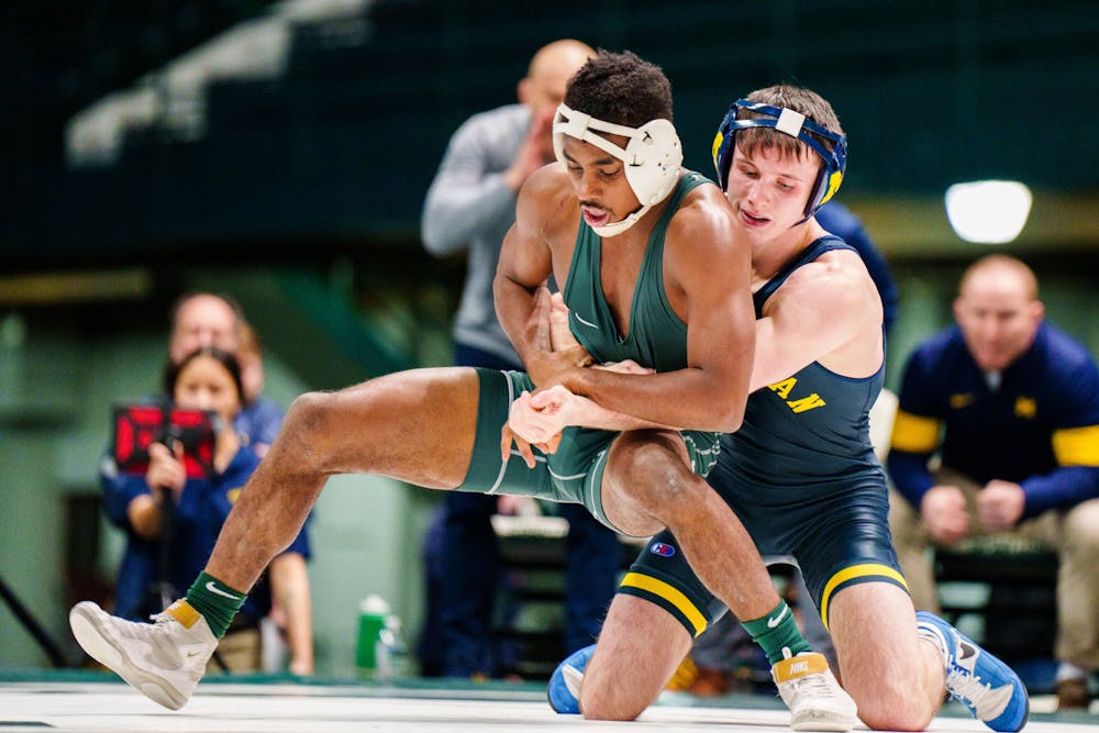 <p>Gradutate Student Rayvon Foley during a match against University of Michigan, hosted at Jenison Fieldhouse on January 13, 2023. The Spartans fell to the Wolverines 25-10.</p>