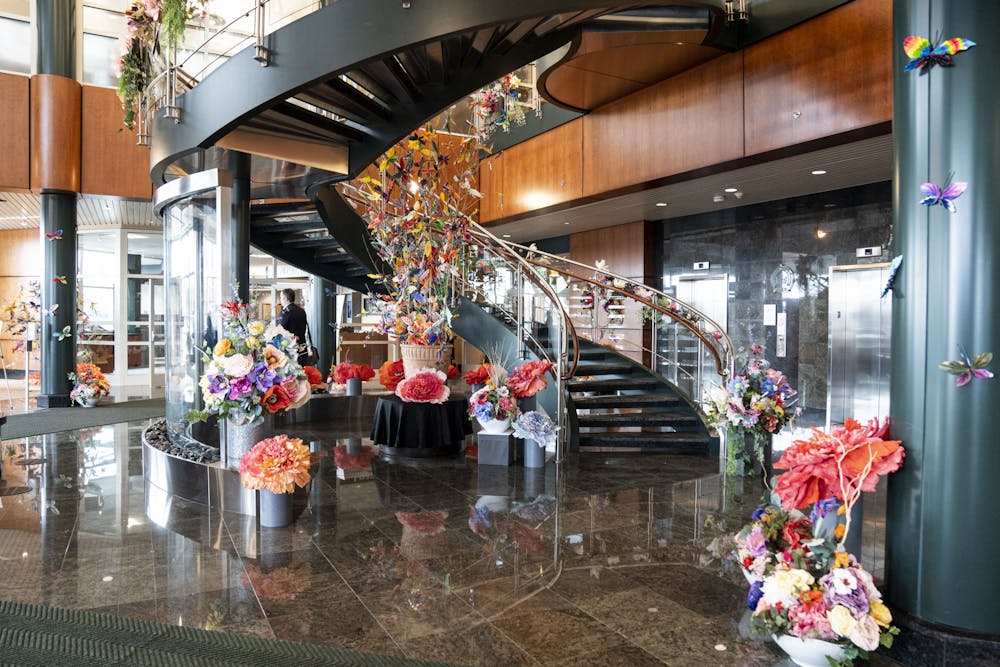 <p>The MSU AgeAlive Butterfly Garden at the MSU Federal Credit Union Headquarters by artist Zahrah Resh on March 21, 2022.</p>