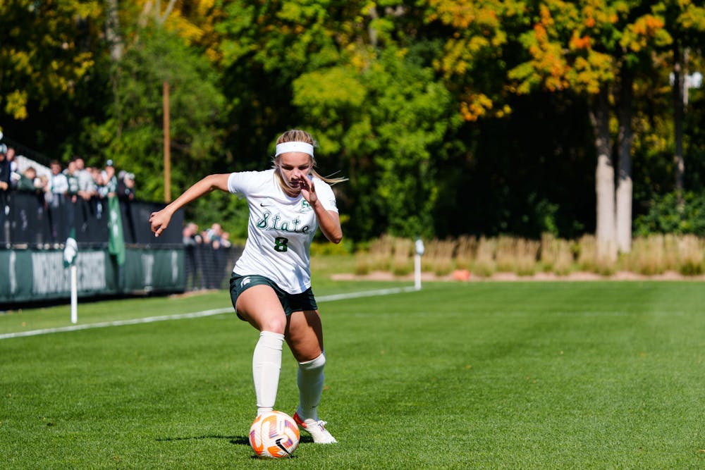 <p>MSU senior defender Raegan Cox moves on the ball during the MSU Women&#x27;s Soccer game against University of Michigan at DeMartin Stadium on Oct. 9, 2022. Michigan State defeated the Wolverines 2-0.</p>