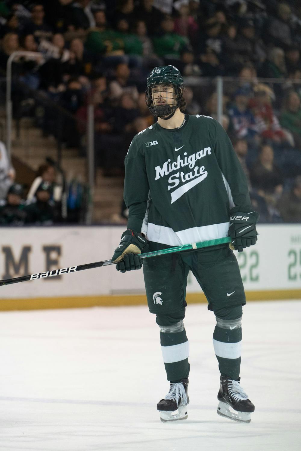 <p>MSU freshman defenseman Victor Hurtig lines up for a faceoff at Compton Family Ice Arena in Notre Dame, IN on Friday, March 3, 2023. MSU fell to Notre Dame 1-0 in the Friday night matchup.</p>