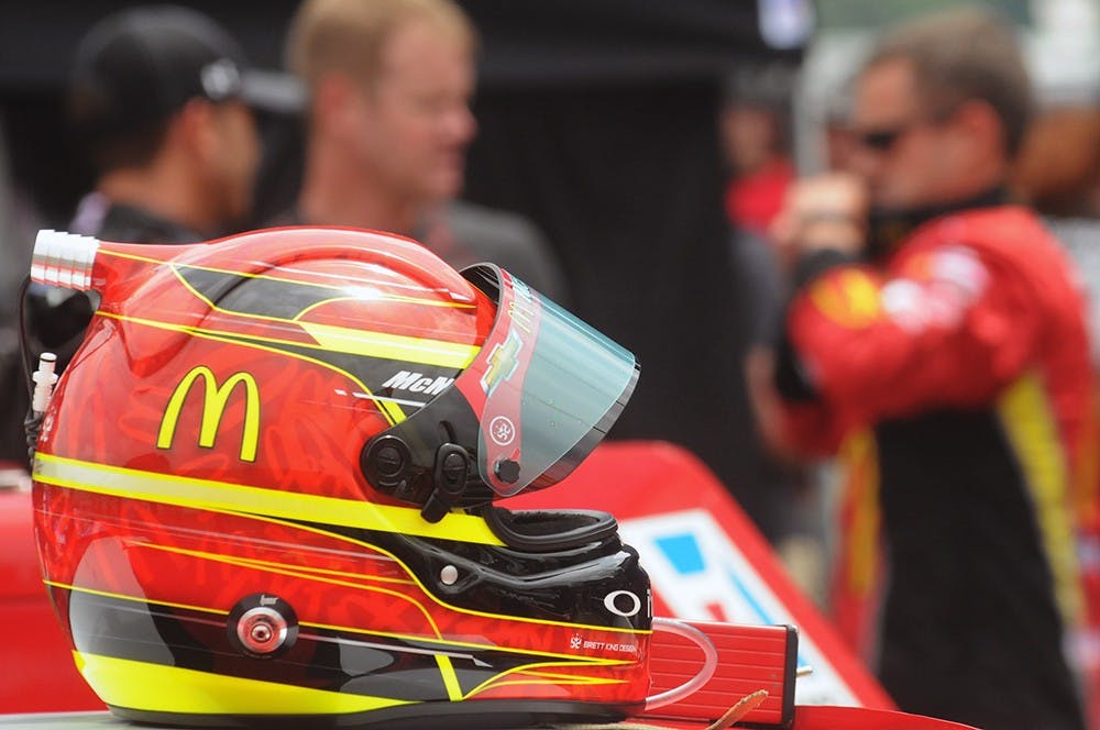 <p>NASCAR driver Jamie McMurray&#x27;s helmet rests on his car minutes before the NASCAR Sprint Cup Series Quicken Loans 400 on June 14, 2015 at Michigan International Speedway. Joshua Abraham/The State News</p>