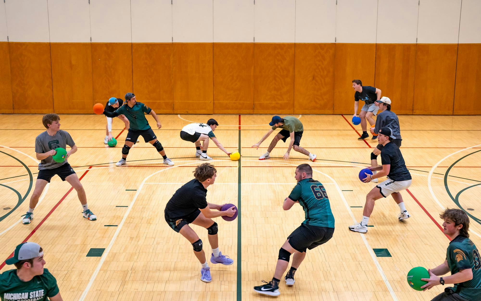 The Michigan State dodgeball team practices at IM Circle in East Lansing, Michigan on Feb. 20, 2025. 