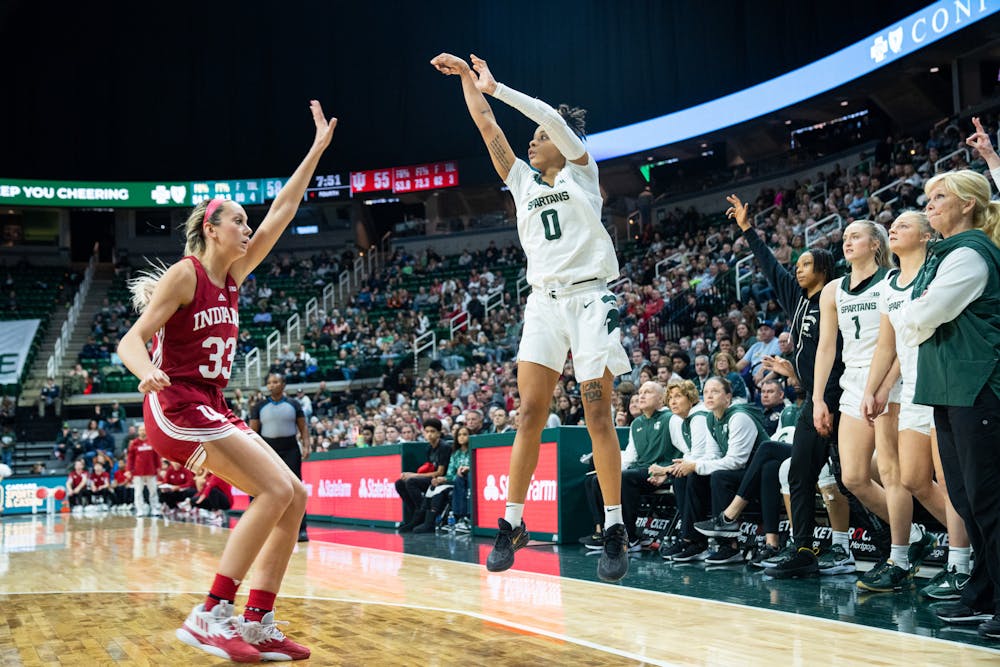 <p>DeeDee Hagemann (0) goes up for a shot during the Spartan&#x27;s 83-78 win against the Hoosiers on Dec. 29, 2022.</p>