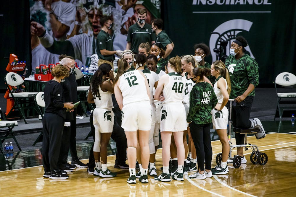 The Michigan State University Women's Basketball Team huddles together during halftime on November 27, 2020.