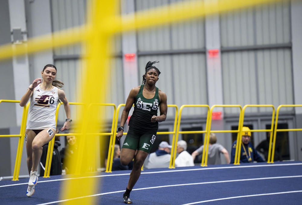 <p>Eastern and Central Michigan University female runners race at the Silverston Invitational track and field competition held in Ann Arbor, Mich. on Feb. 20, 2026.&nbsp;</p>