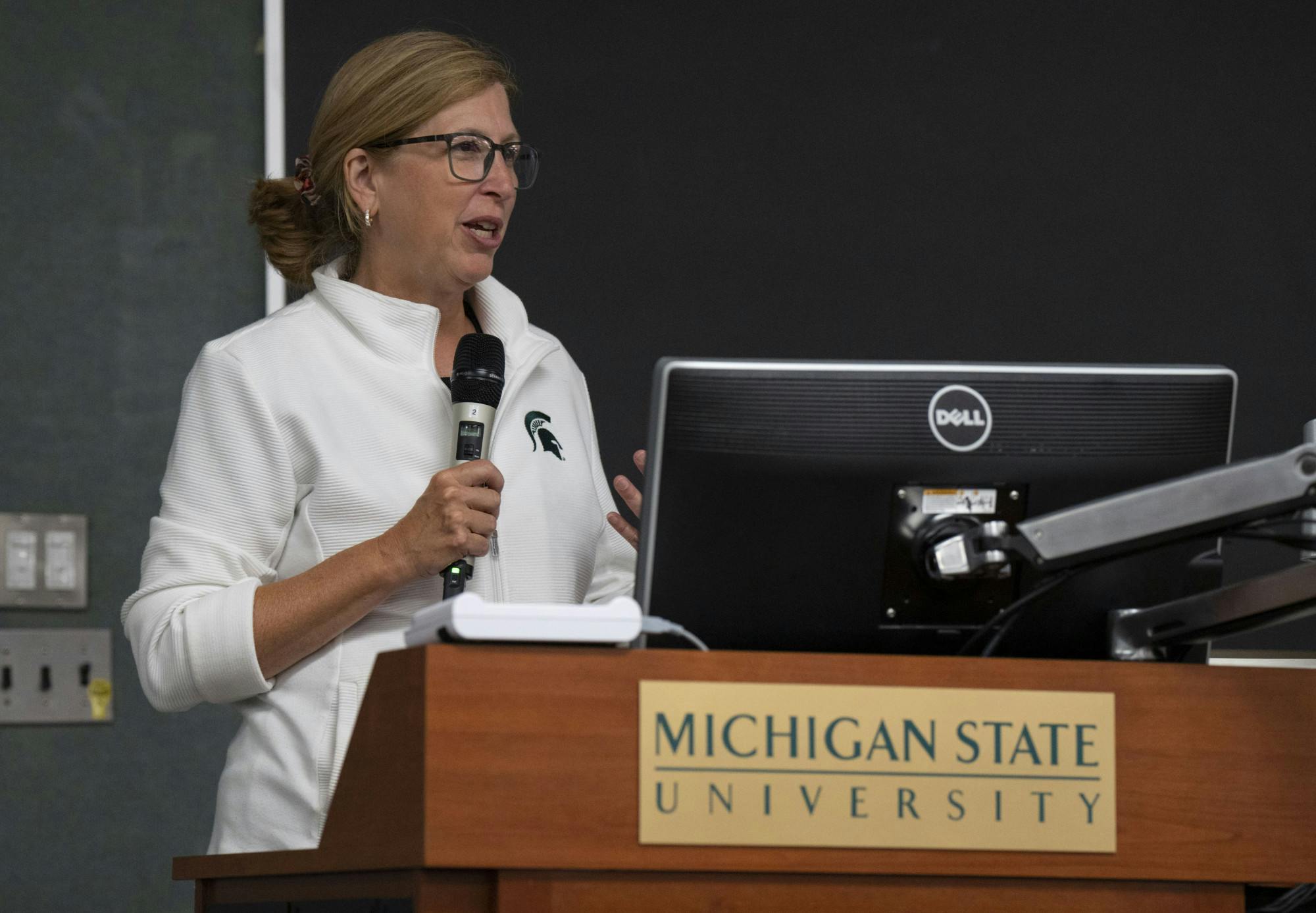 Provost Teresa Woodruff welcomes the ASMSU 2022-23 assembly during their meeting on Thursday, Sept. 1, 2022 in the International Center at Michigan State University.