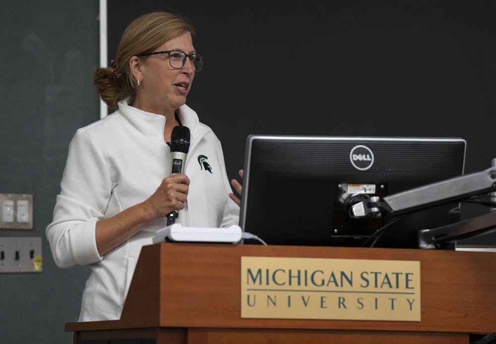 Provost Teresa Woodruff welcomes the ASMSU 2022-23 assembly during their meeting on Thursday, Sept. 1, 2022 in the International Center at Michigan State University.