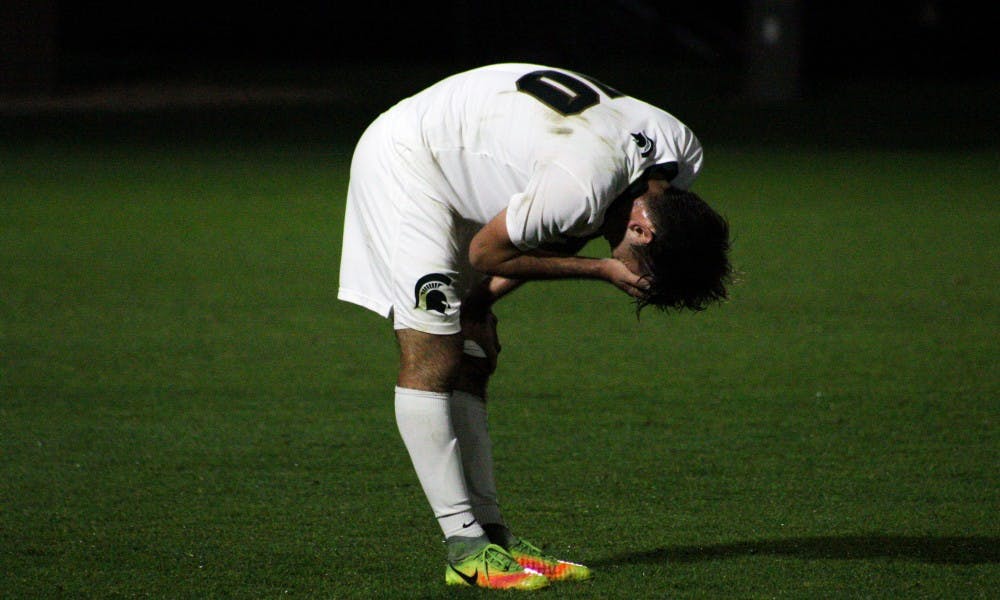 Sophomore midfielder Giuseppe Barone (10) rests after the game against Bowling Green State on Sep. 13, 2017, at DeMartin Stadium at Old College Field. The Spartans defeated the Falcons 1-0.