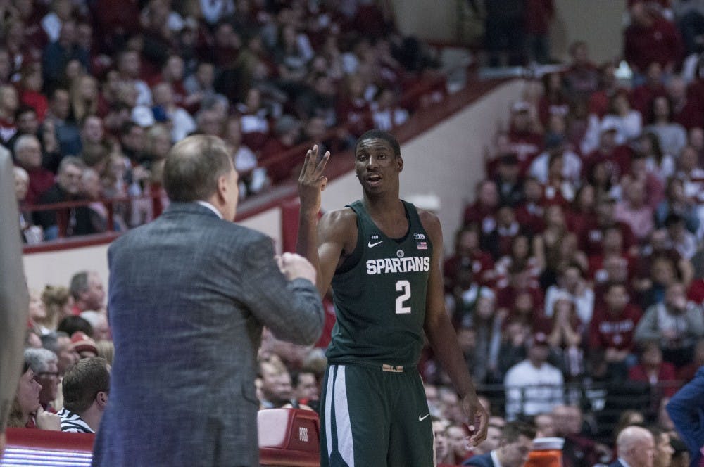 <p>Freshman forward Jaren Jackson Jr. (2) holds up three fingers to the bench during the game against Indiana on Feb. 3, 2018 at Simon Skjodt Assembly Hall. The Spartans beat the Hoosiers 63-60 (C.J. Weiss | The State News)</p>