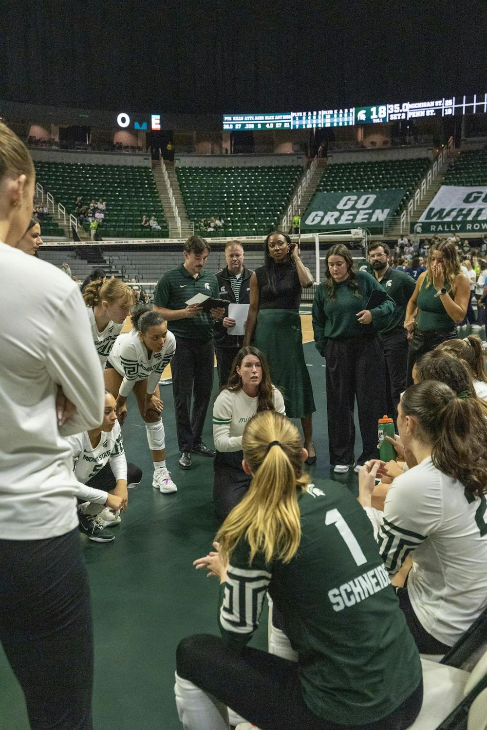 MSU volleyball Head Coach Kristen Kelsay speaks to the team at the Breslin Center during the MSU v Pennstate Volleyball game In East Lansing, MI on Sunday Sep. 27th, 2026