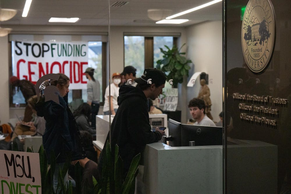 Students with pro-Israel divestment group Hurriya MSU occupy the office of the provost lobby in the Hannah Administration building after the Oct. 25, 2024 Board of Trustees meeting.