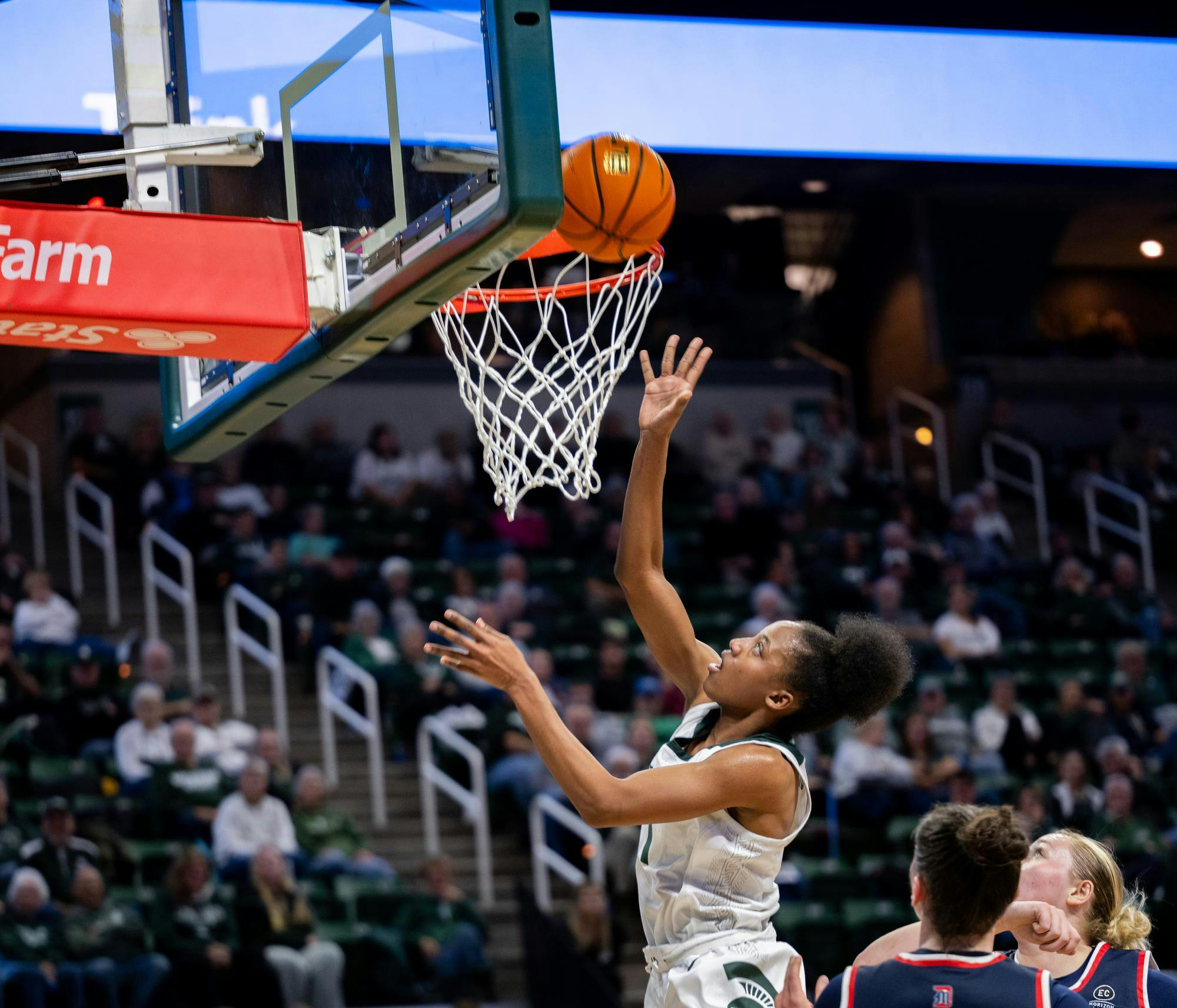 MSU graduate guard Jaddan Simmons (1) dunks the basketball against Detroit Mercy Titans at Breslin Center on Nov. 20, 2024.