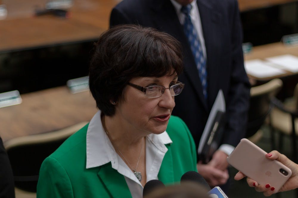 <p>Newly-elected chairperson Dianne Byrum answers questions from the press after the MSU Board of Trustees met on Wednesday, January 9, 2019.</p>