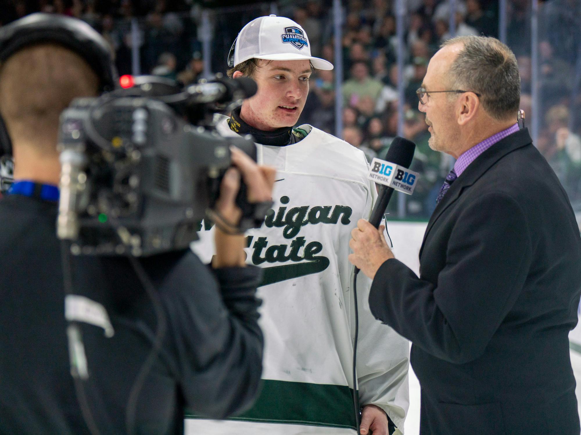 <p>Freshman goalie Trey Augustine (1) being interviewed after the Spartans’ victory against University of Michigan at Munn Ice Arena on March 23, 2024. MSU secured the Big Ten Tournament championship with their win over the Wolverines.</p>