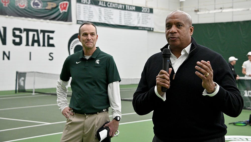 <p>The Big Ten commissioner visits MSU tennis on Feb. 9, 2020 in East Lansing. Photo courtesy of Dale G Young.</p>