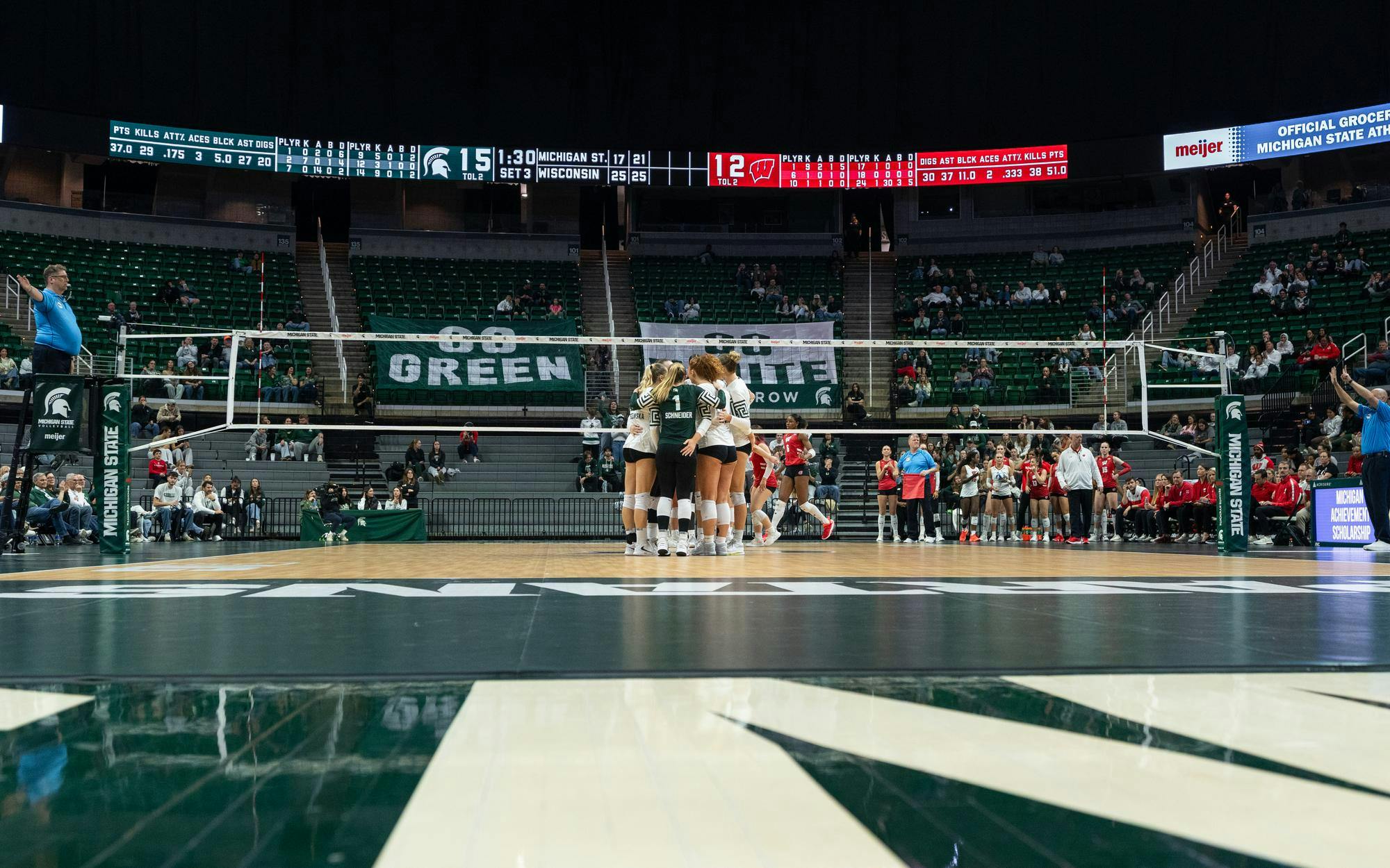 <p>MSU womens volleyball team huddles after a point in their match vs Wisconsin in the Breslin Center in East Lansing, MI on Nov. 14, 2025.</p>