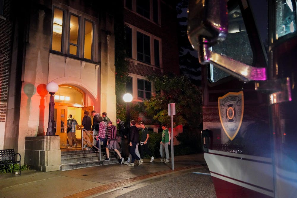 <p>MSU students file back into the MSU Union after being evacuated after a false fire alarm on Sept. 27, 2023.</p>
