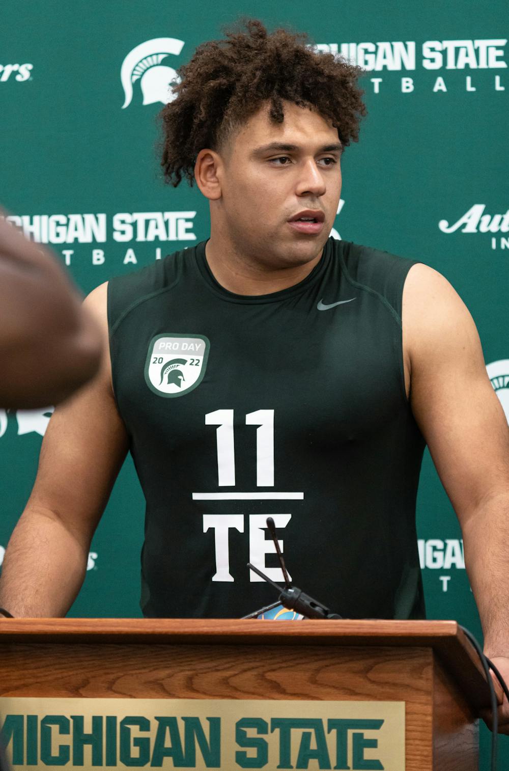 <p>Michigan State redshirt senior Connor Heyward during Pro Day press conference, on Mar. 16, 2022 at the Duffy Daugherty Indoor Football Building.</p>