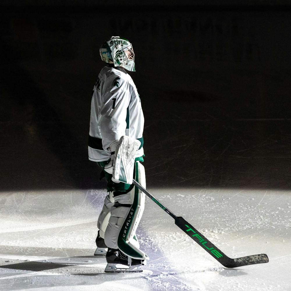 <p>MSU Jr. G, Trey Augustine (1), stands on the ice as he prepares for his game in Munn Ice Arena in East Lansing, MI on Jan. 23, 2026.</p>
