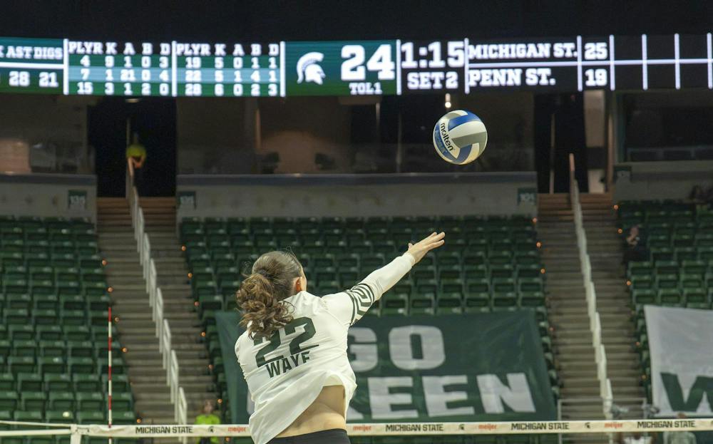 MSU Junior Carmen Waye serving the ball to pennstate at the Breslin Center during the MSU v Pennstate Volleyball game In East Lansing, MI on Sunday Sep. 27th, 2026
