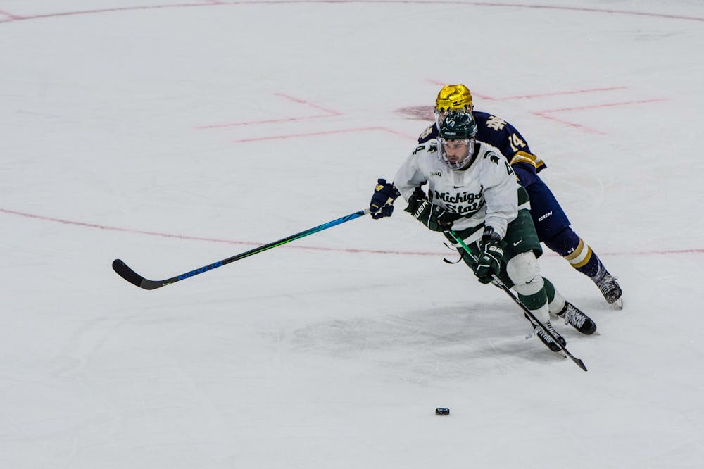 Nienhuis blocks a Notre Dame player from accessing the puck easily during the third period. The Fighting Irish shutout the Spartans 2-0 on Feb. 27, 2021.
