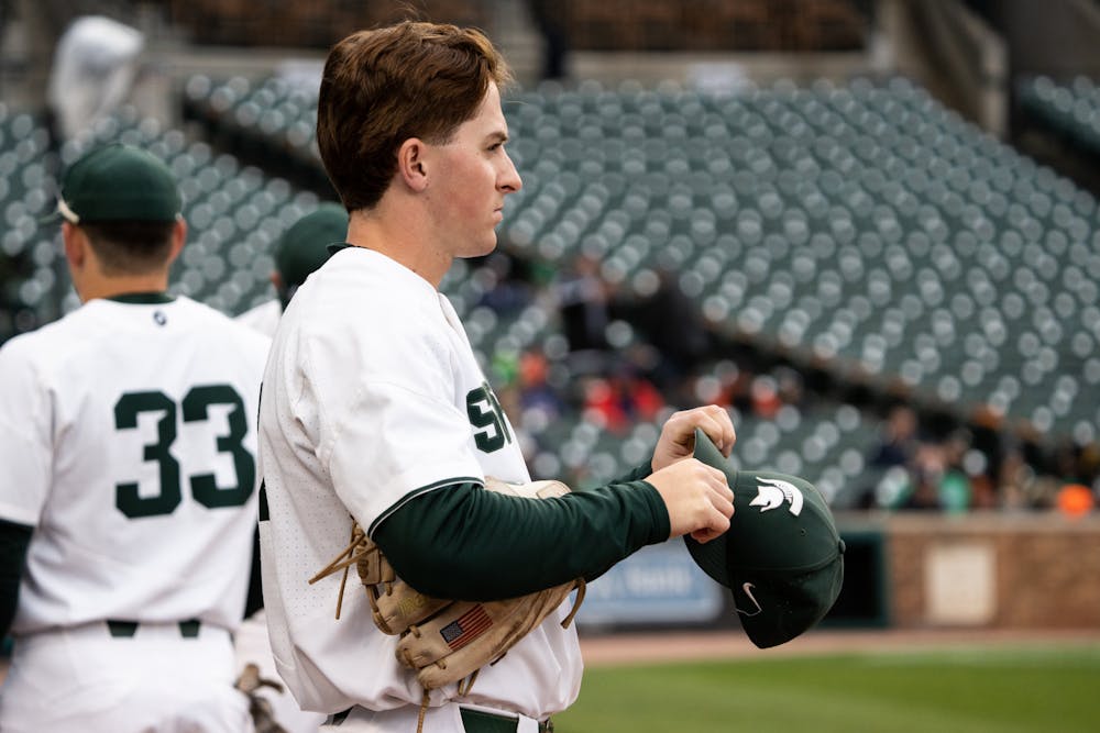 <p>MSU sophomore Mitch Jebb (14) prepares for the Spartans&#x27; debut at Comerica Park on April 26, 2022. The Spartans played against Notre Dame.</p>