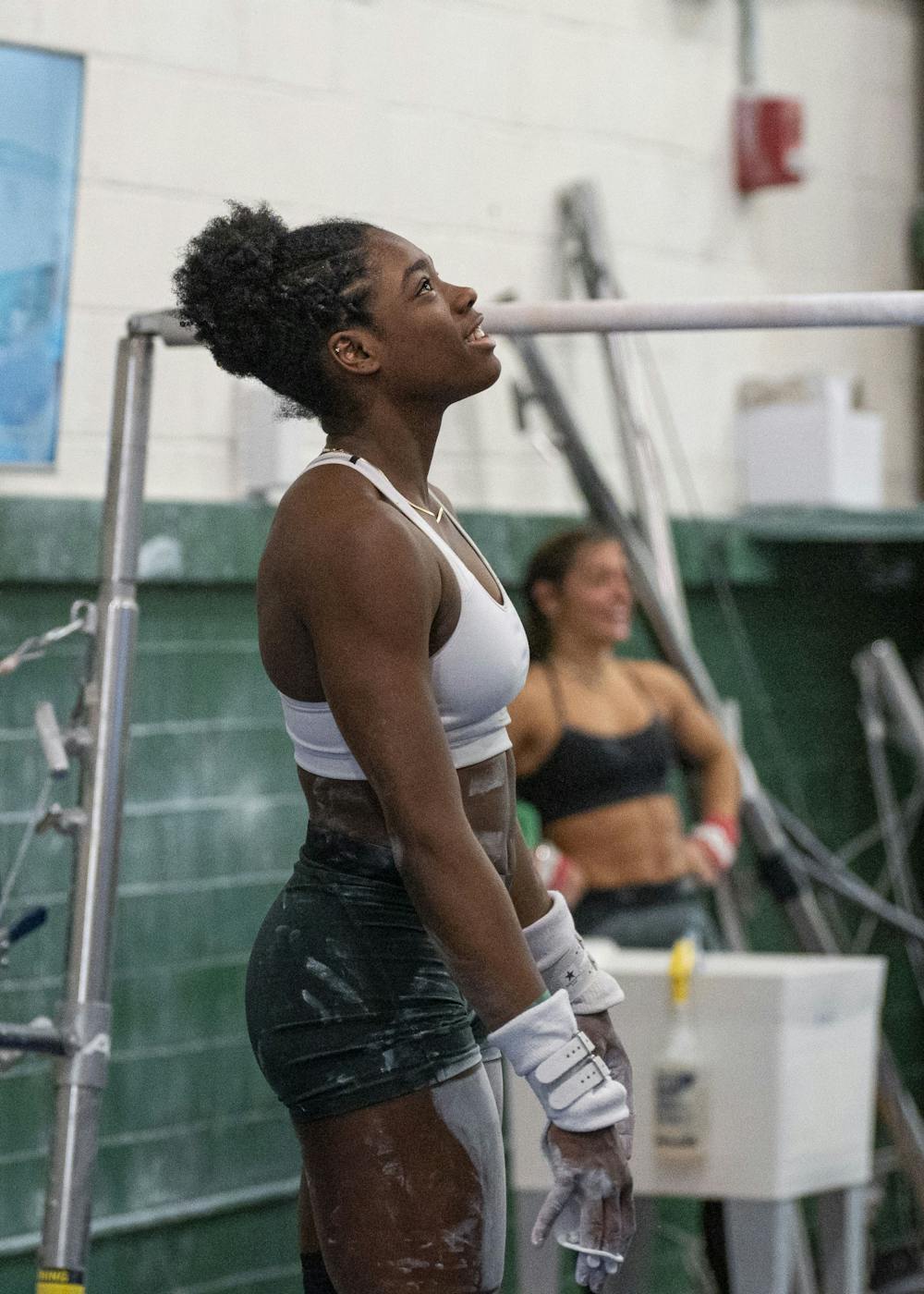 Sophomore all-around competitor Gabrielle Stephen at practice on Friday, March 24, 2023 - one week before the Spartans travel to Pittsburgh, Pa for the second round of the NCAA Regionals tournament. 