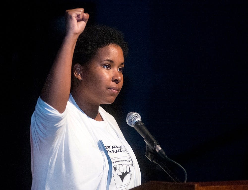 	<p><span class="caps">MSU</span> student Shaina Simpson motivates the crowd through speech at the 40th Annual Black Power Rally, Wednesday night at Wharton Center. The mission of the rallies is to unify the <span class="caps">MSU</span> black community by challenging themselves to become socially conscious and academically sound. Katie Stiefel/ State News</p>