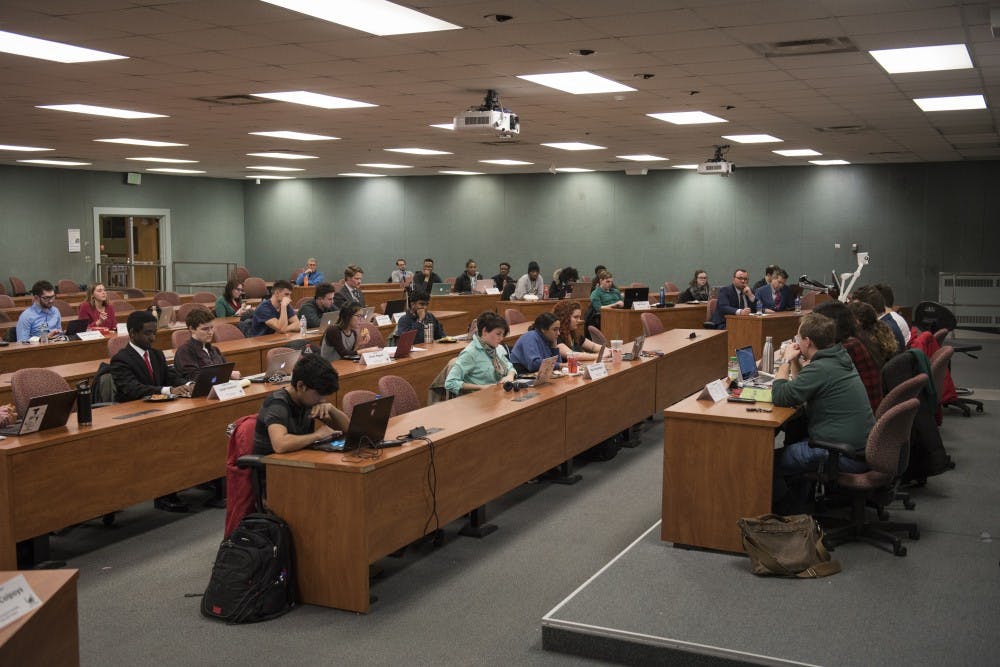 Members attend the ASMSU General Assembly meeting in the International Center on Feb. 14, 2019. Nic Antaya/The State News